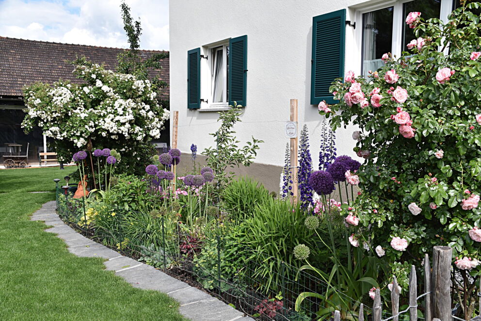 Colorful flowerbeds in front of a building with green shutters and a well-tended lawn.