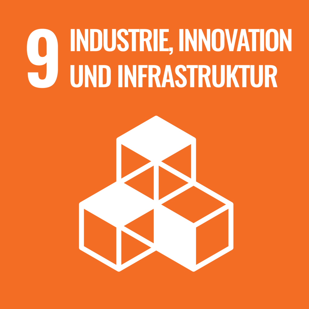 Oranges Logo mit einem Würfelsymbol und dem Schriftzug Industrie, Innovation und Infrastruktur