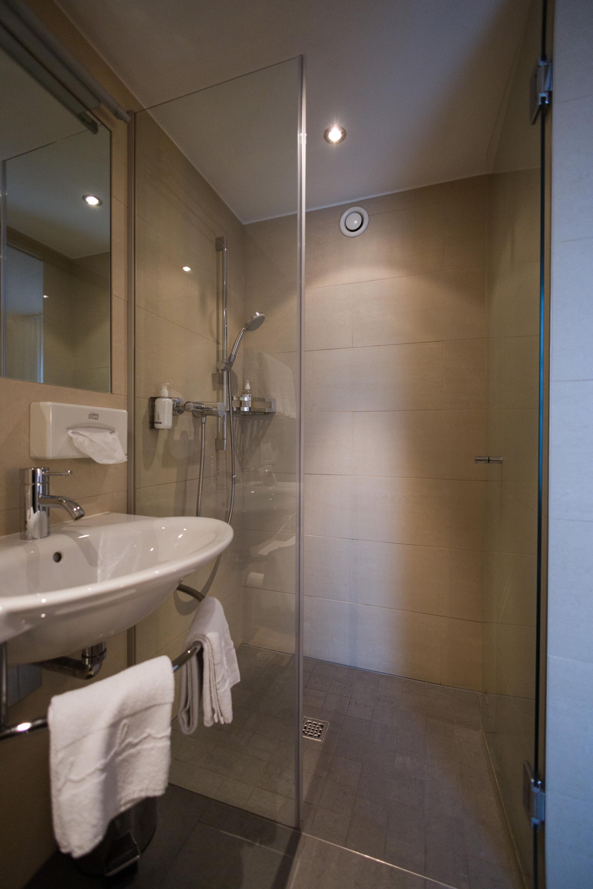 Elegant bathroom with large shower and stylish lighting.