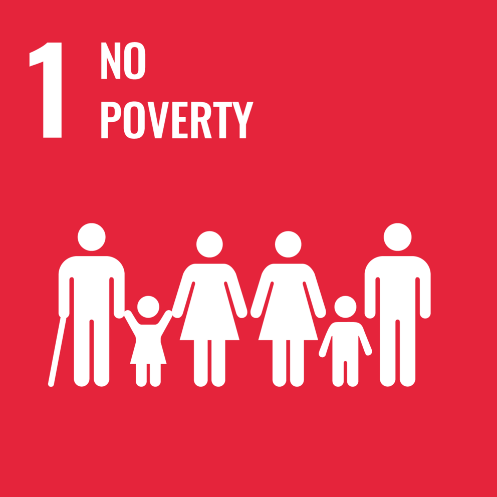 Red logo with white man with the lettering No Poverty