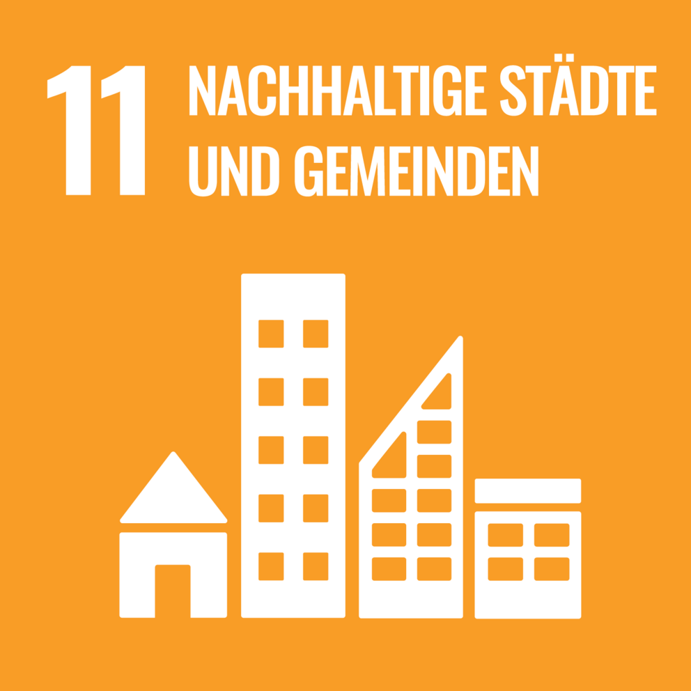 Oranges Logo mit einem Stadt Sympol und der Schrift Nachhaltige Städte und Gemeinden