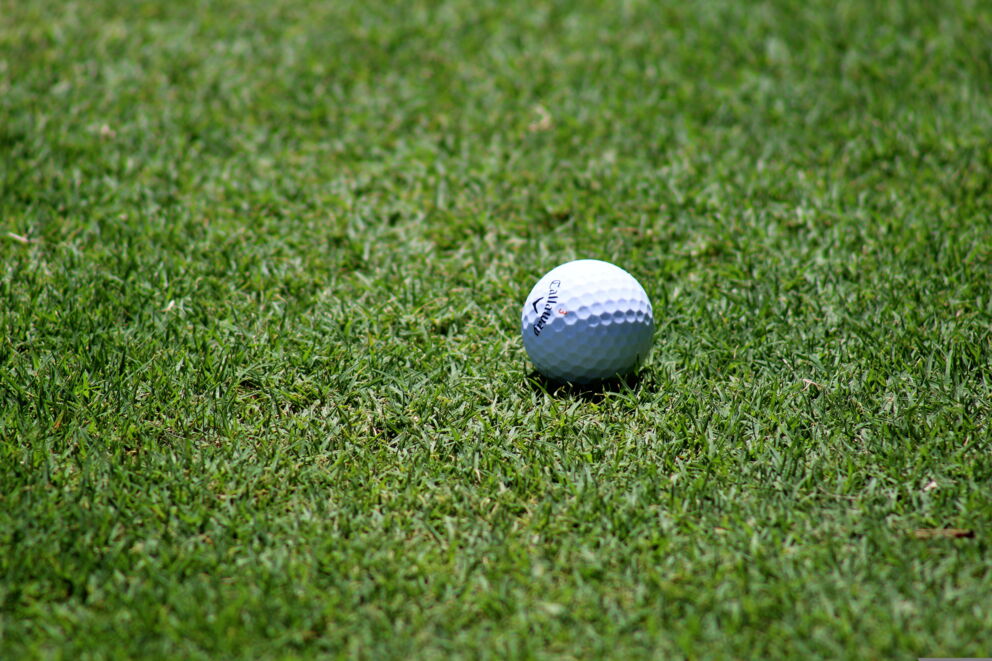 A single golf ball lies on green grass in the close-up.