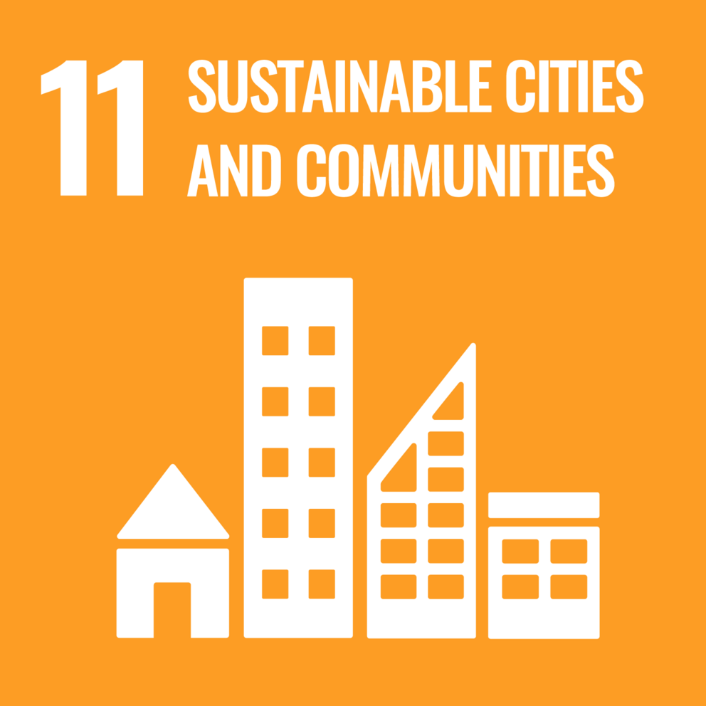Orange logo with a city sympol and the words Sustainable Cities and Communities
