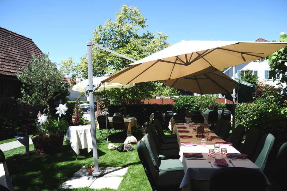 Tischgedeck unter Sonnenschirmen in grünem Garten mit Bäumen und Blumen.