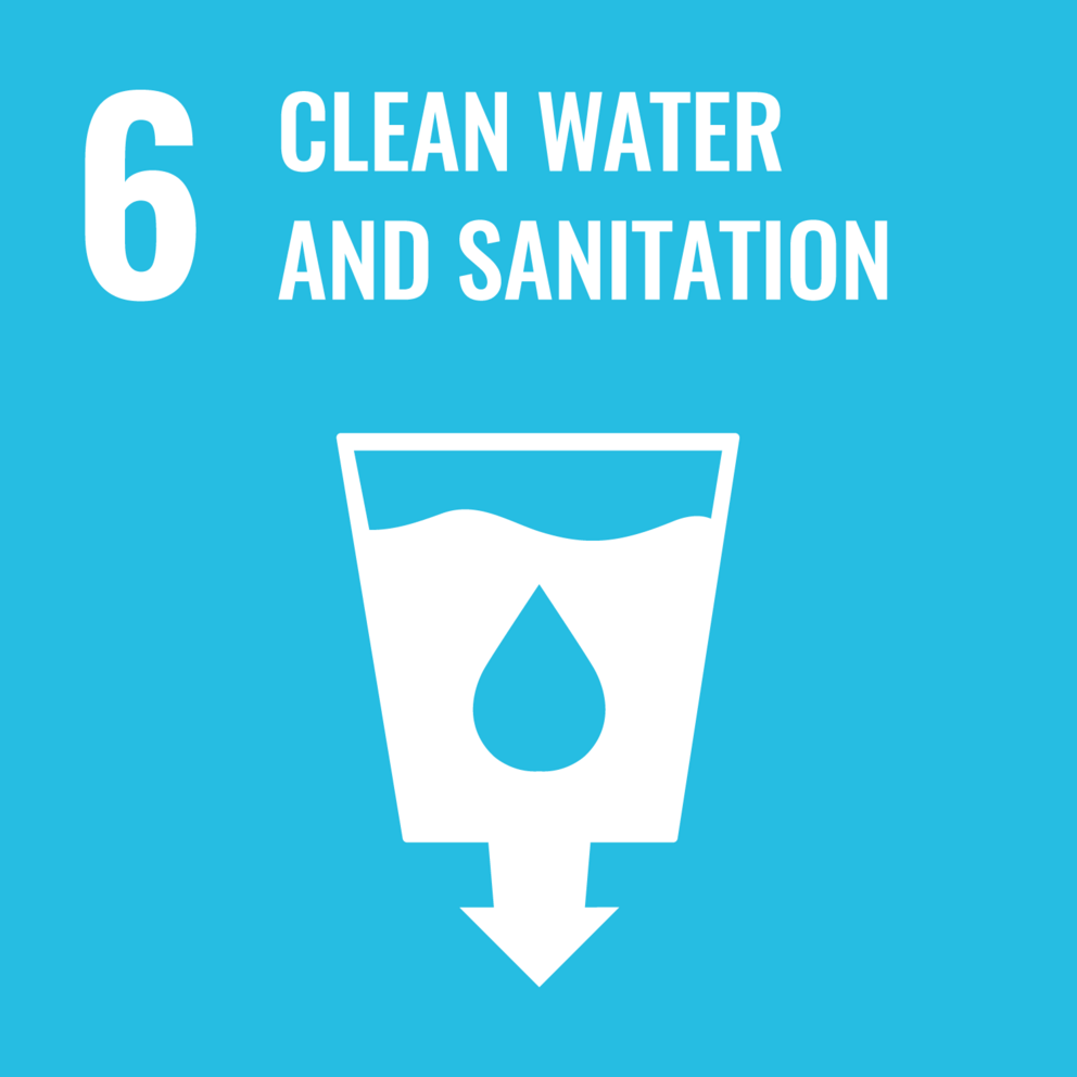 Blue logo with a water symbol and the words Clean Water and Sanitation