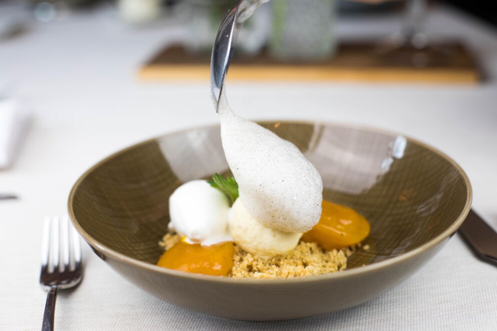 Dessert with foam, fruit sauce and ice cream served in an elegant bowl.